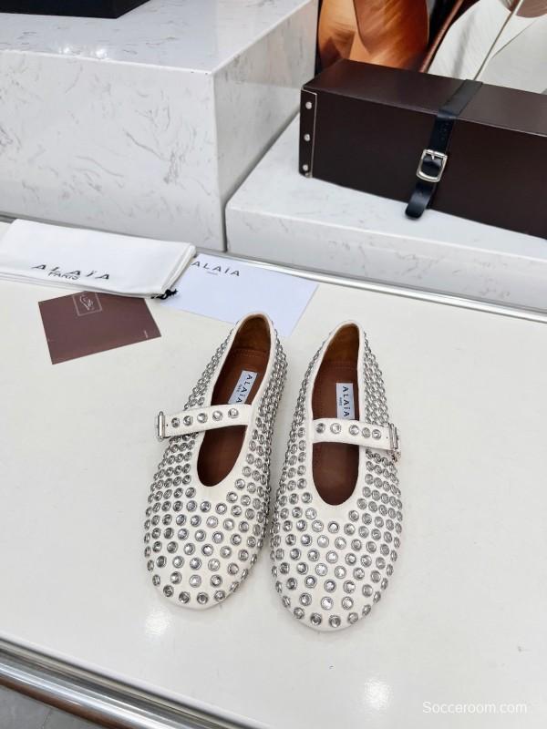 Alaia 2025/SS Crystal-Studded Ballet Flats with Built-in 0.8CM Height Increase - LY00340