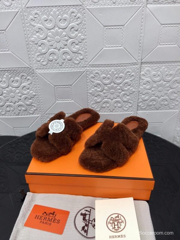 H Teddy Wool H Slippers Flat Sole Winter Fur Slippers - LY00240