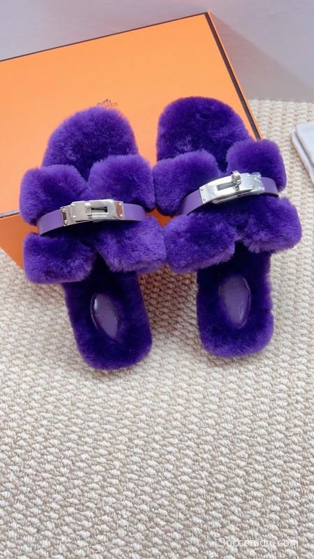 Hermès 2025/SS Teddy Wool H Slippers Flat Fur Slides - LY00260/230