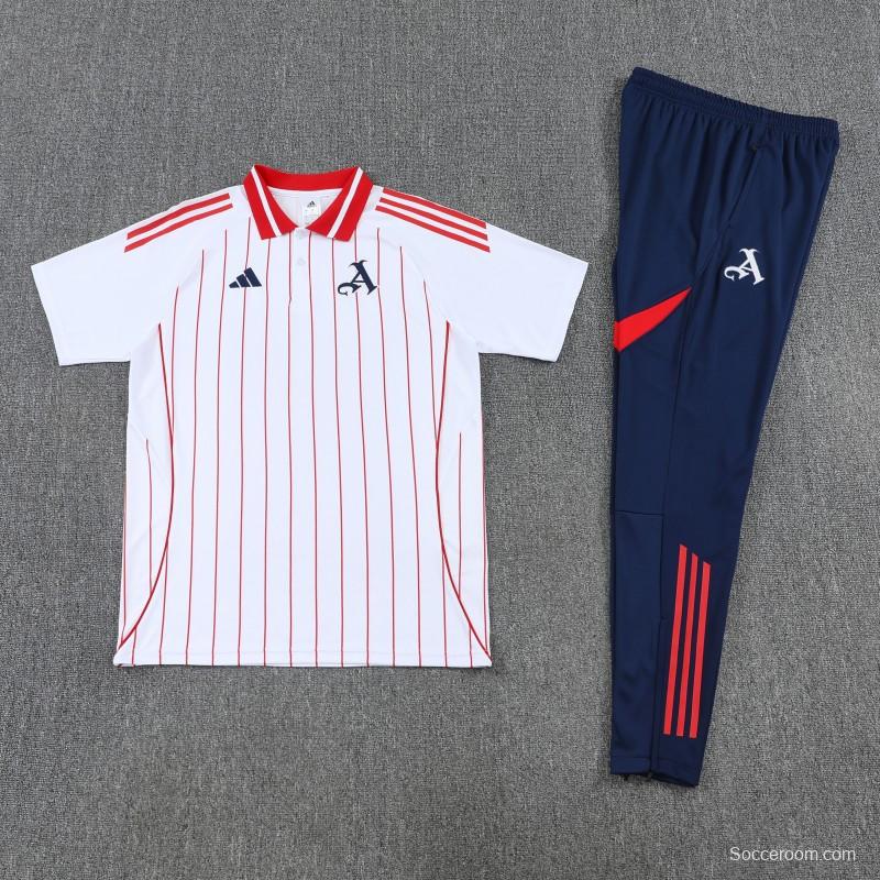 26/27 Arsenal  White&Red Stripes  Polo Training Shirt + Long Pants Tracksuit