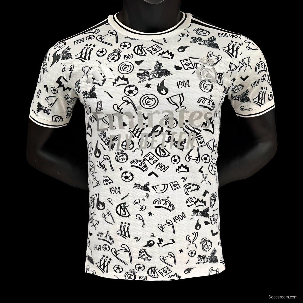 Player Version 25/26 Real Madrid White with Football Icons Pattern Jersey