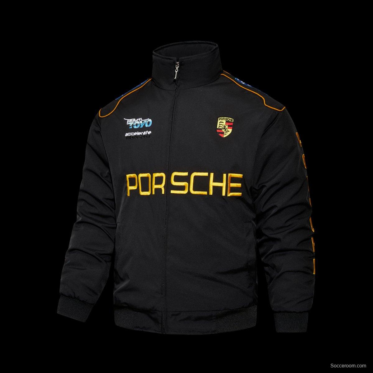 2026 F1 Porsche Motorsport Black Racing Jacket with Gold Lettering and Crest Badge